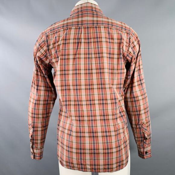 S Red Grey Plaid Cotton One Pocket Button Down Collar Long Sleeve Shirt - Picture 3 of 5